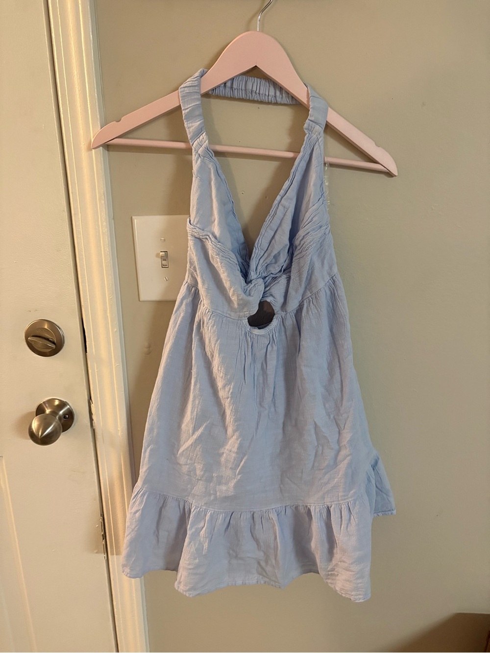 Light Blue Halter Mini Dress with Knot Front and Ruffle Hem